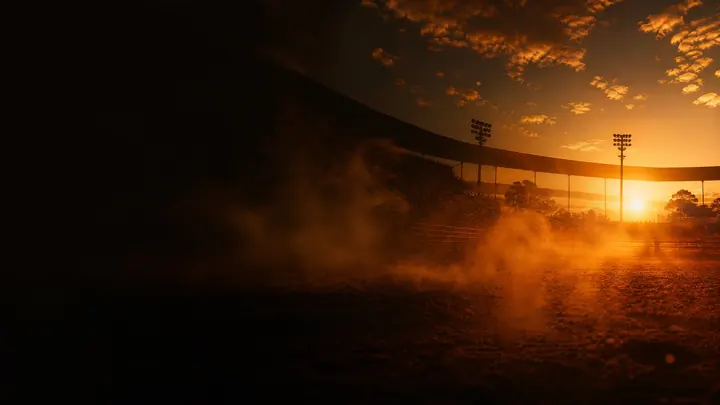 A arena de Barretos ao pôr do sol, com poeira no ar