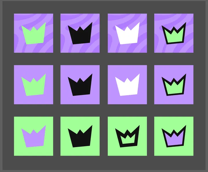 Doze variações da badge de coroa do BDJovem Aprendiz, em lilás, verde, branco e preto
