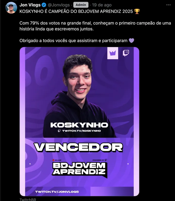 Post do Jon anunciando o Koskynho como campeão do BDJovem Aprendiz 2025