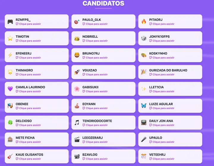Grade com os candidatos do programa no portal