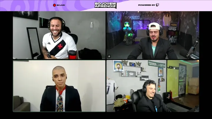 Entrevista ao vivo: o Jon e os influenciadores do BDJ com os participantes, em telas lado a lado