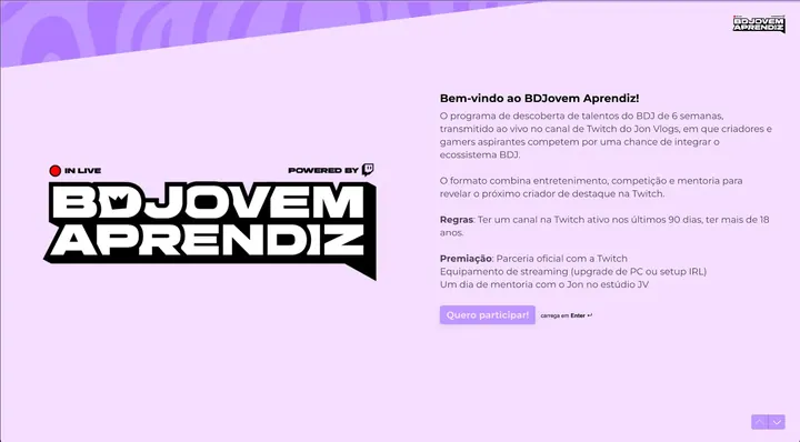 Página de inscrição do BDJovem Aprendiz no portal