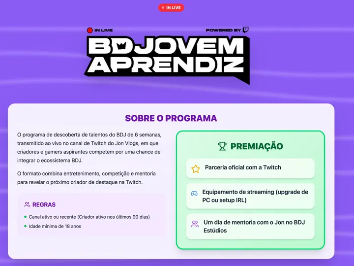 Portal do programa com o logo, as regras e os prêmios