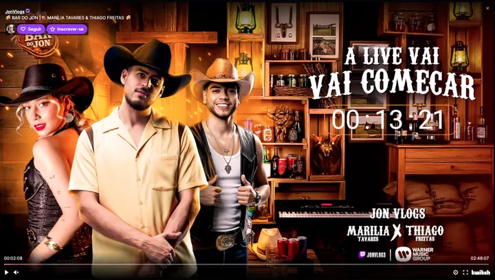 Tela de abertura da live na Twitch, com os convidados no cenário e a contagem para começar