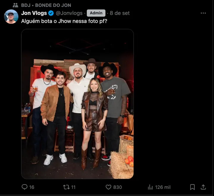 Post do Jon no X com a foto de todos os participantes da edição