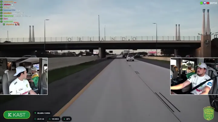 Tela da live na estrada em Orlando, com as câmeras de dentro do motorhome e o selo do patrocinador