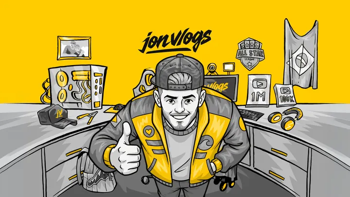 Capa do Discord: o Jon ilustrado fazendo joinha no setup, sobre fundo amarelo