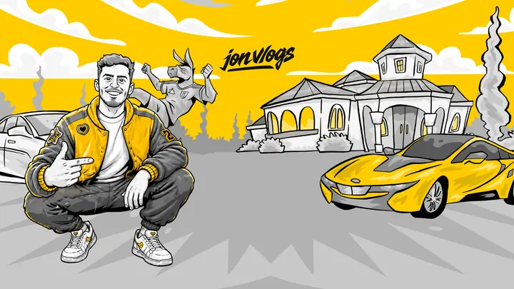 Convite do Discord: o Jon agachado apontando, com a mansão, o carro amarelo e o logo