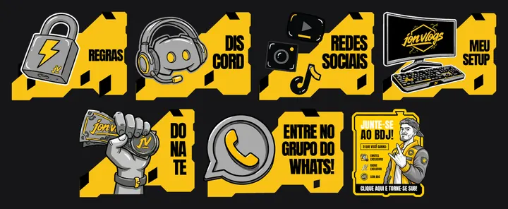 Os sete painéis do canal, em amarelo e grafite: regras, Discord, redes sociais, meu setup, donate, grupo do WhatsApp e junte-se ao BDJ