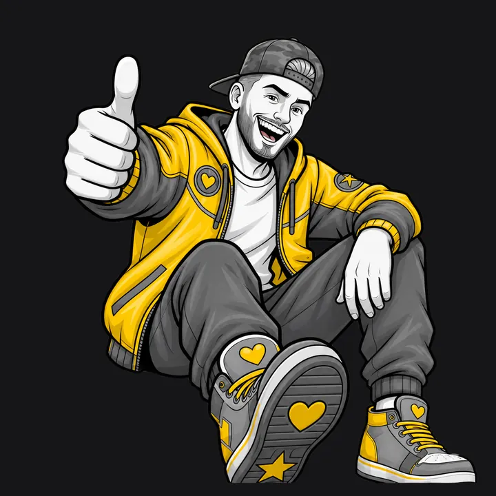 O Jon ilustrado sentado, sorrindo, com o polegar para cima