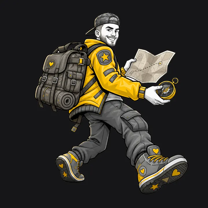 O Jon ilustrado de mochila, com mapa e bússola nas mãos